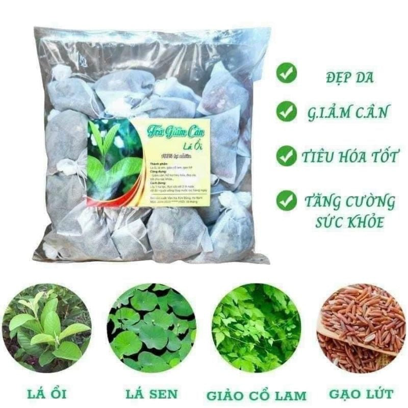 02 GÓI - TRÀ LÁ ỔI GIẢM CÂN TÚI LỌC, Thành phần: lá ổi non, lá sen, giảo cổ lam, gạo lứt... ✔Giúp đốt mỡ bên trong cơ thể thải ra bên ngoài 1 cách nhanh chóng ✔Giảm số đo vùng bụng, eo, đùi, bắp tay, bắp chân.Giảm mỡ máu, ổn định