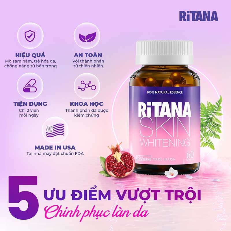 02 Boxs*60 Capsules - Viên uống Ritana Skin Whitening Ecogreen hỗ trợ da trắng hồng tự nhiên, giúp làm mờ sạn nám