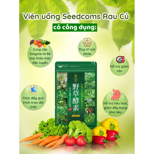 Viên uống Rau củ quả Seedcoms chứa 80 loại thảo mộc đặc tuyến hỗ trợ tiêu hóa, giảm táo bón nóng trong, hỗ trợ sức khỏe