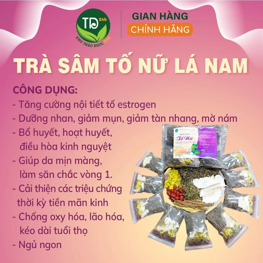 18 gói Trà lá nam sâm tố nữ, bổ huyết, hoạt huyết, làm chậm quá trình mãn kinh, giảm khô âm đạo, cân bằng nội tiết tố, đẹp da