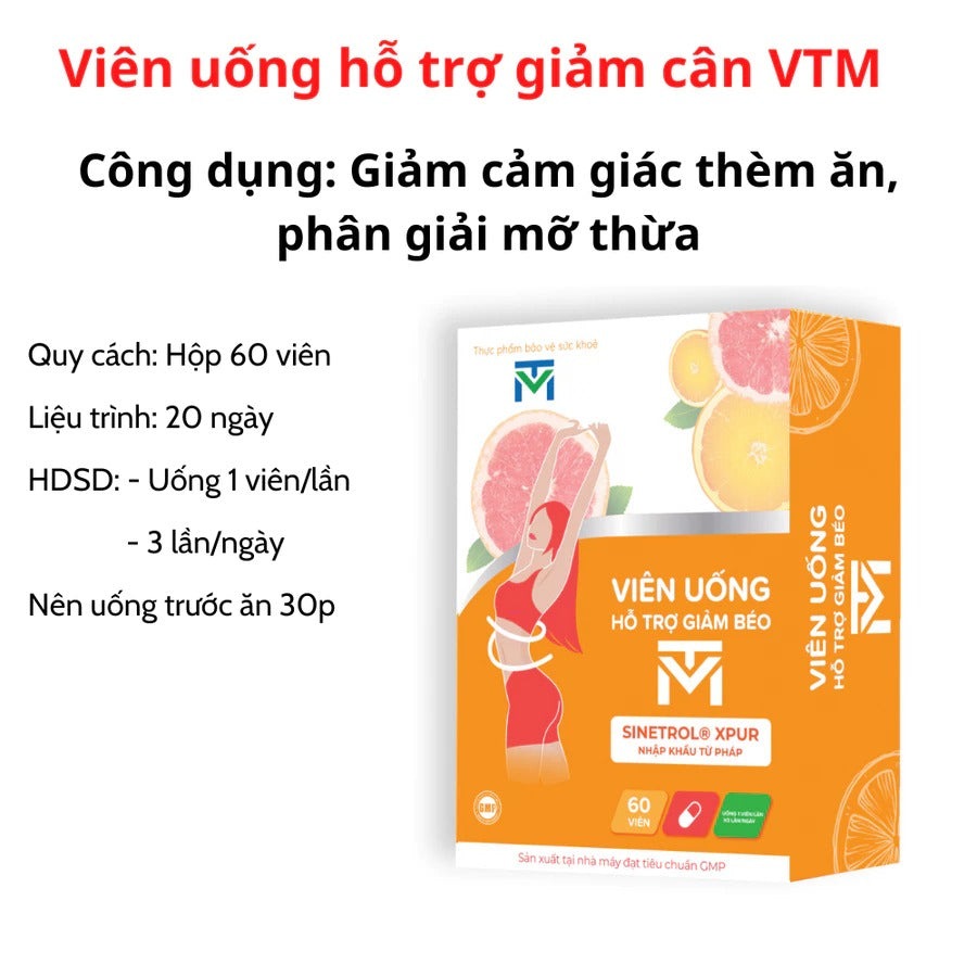 Viên hỗ trợ giảm béo VTM giảm cảm giác thèm ăn, phân giải mỡ thừa, an toàn không tác dụng phụ - lọ 60 viên